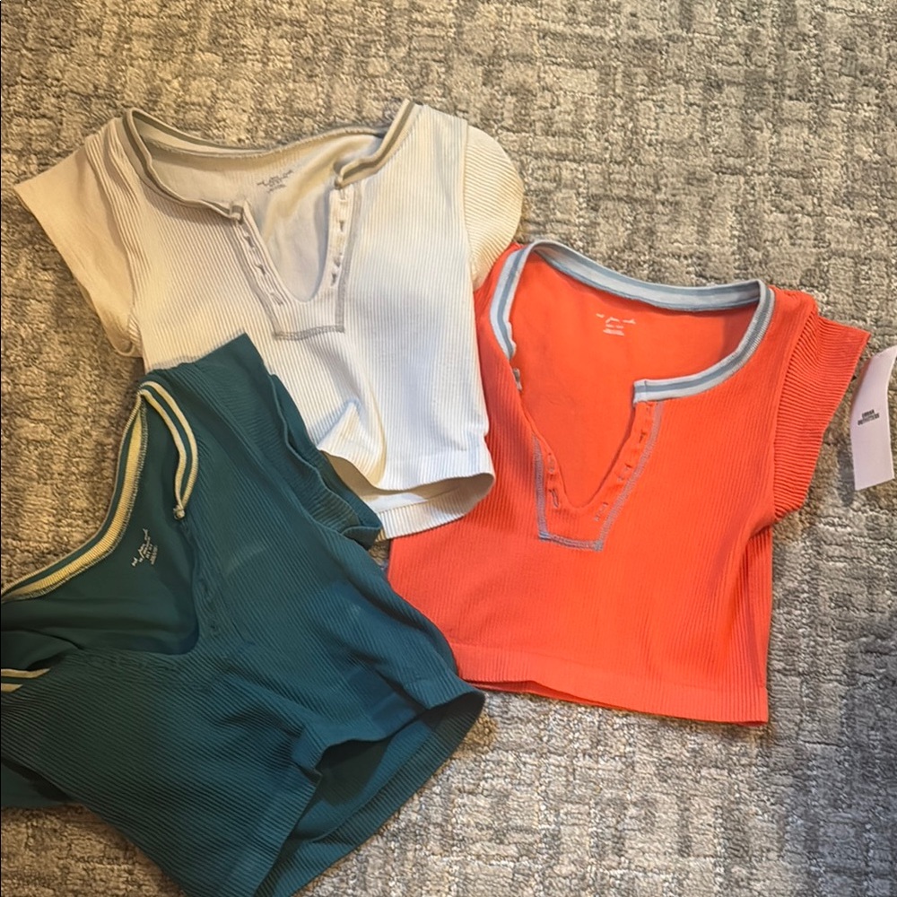 Urban outfitters Ribbed V-Neck Tops - White, Teal, and Orange